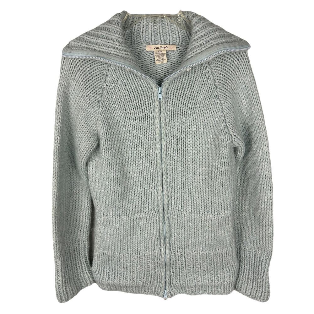 Free People Y2K Baby Blue Collared Cowichan Wool Blend Front Zip Sweater M Cozy